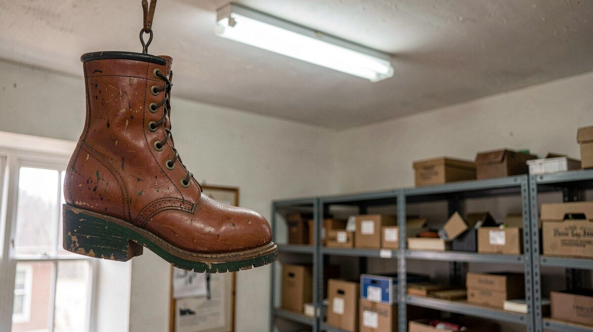 A painted wooden novelty shop sign shaped like a boot, hanging on a peg above a metal shelving unit in a small local history storage room, lit by a single overhead fluorescent tube, shot straight on at eye level with the sign filling the left half of the frame.