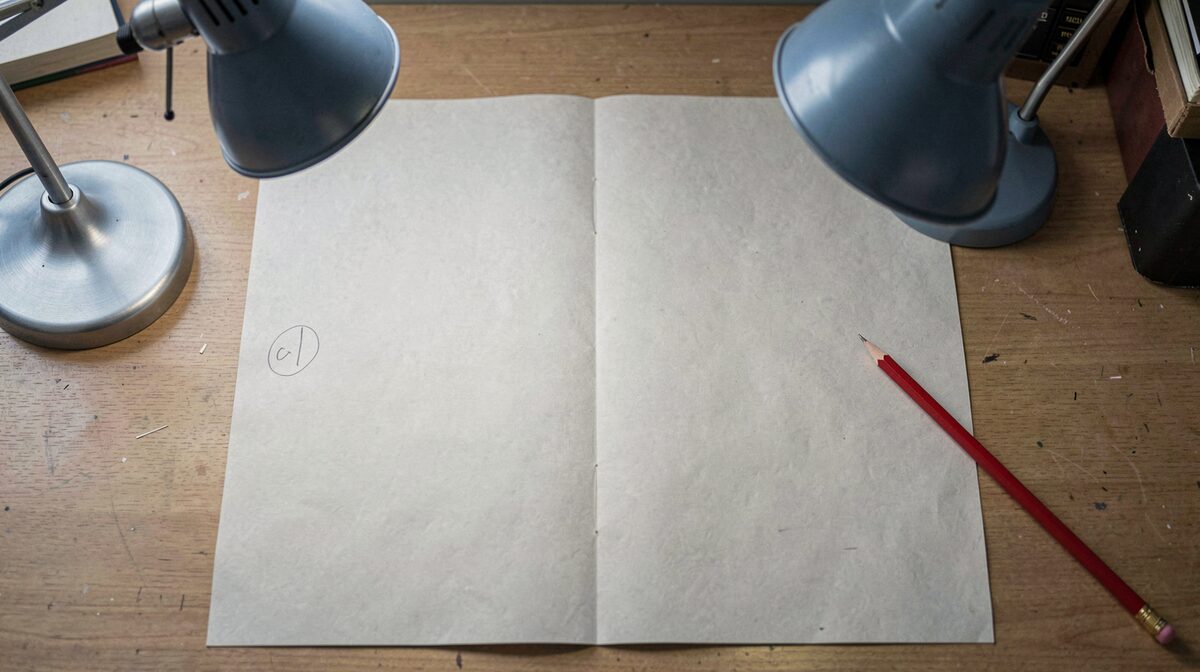 A pale grey newsprint page spread flat on a copy desk under a steel-blue desk lamp, a red pencil resting in the margin beside a circled correction, shot from directly above.
